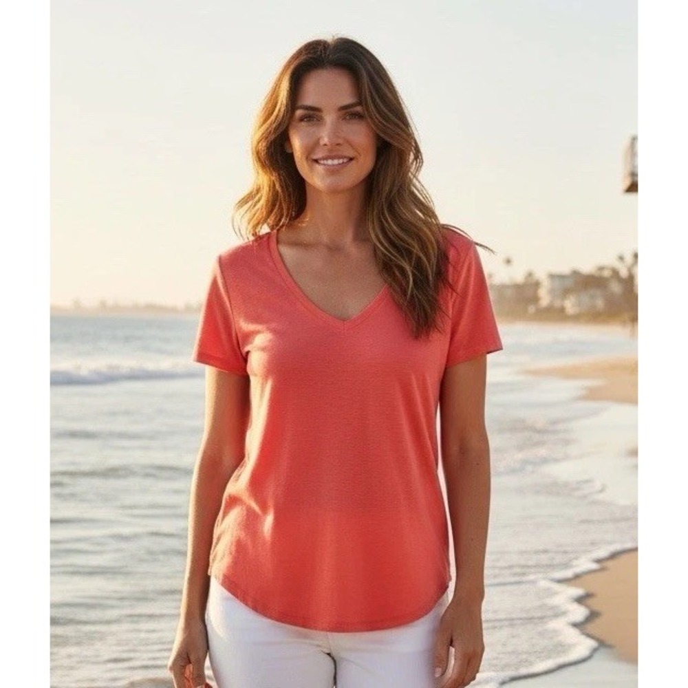 New Lilly Pulitzer S Etta Coral Cotton Blend V Neck T Shirt Top Size Small Beach